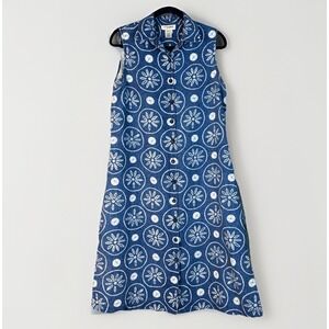Vintage 100 Linen Button Midi Shirt Dress Back Tie Sleeveless Blue Batik Coastal